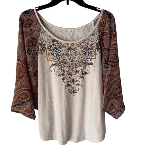 Unknown Tops - Boho‎ Peasant Top Womens Large Cream Paisley Print Lace Detail Flowy Blouse